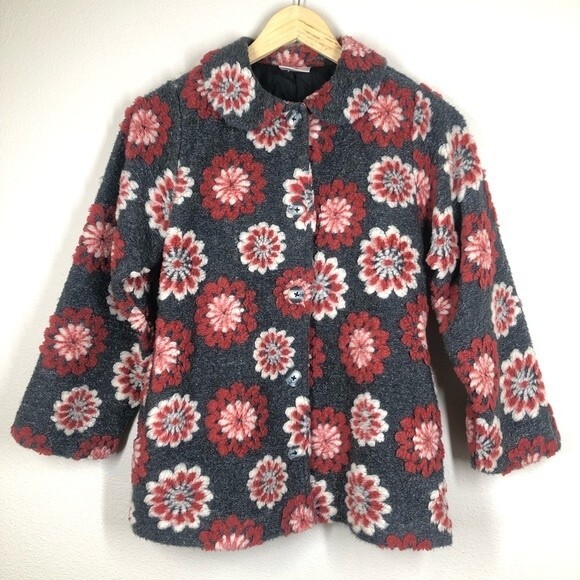 Hanna Andersson Floral Coat Button Up Fuzzy Wool Blend 130 8